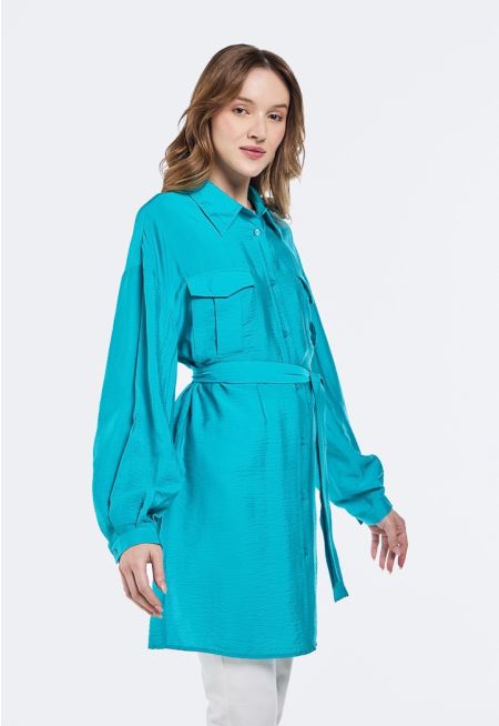 Crinkled Belted Long Shirt