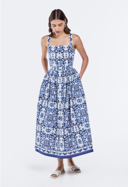 Printed Gathered Waist Dress