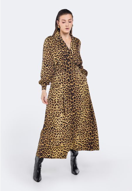 Leopard Print Notched Collar Dress