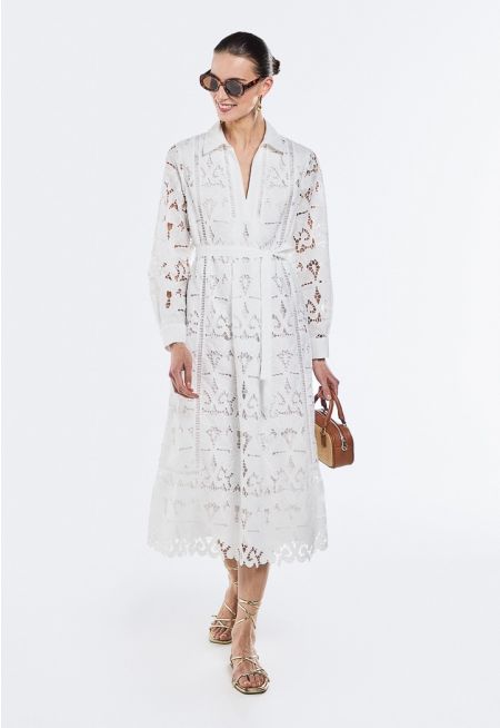 Schiffli Embroidered Belted Dress