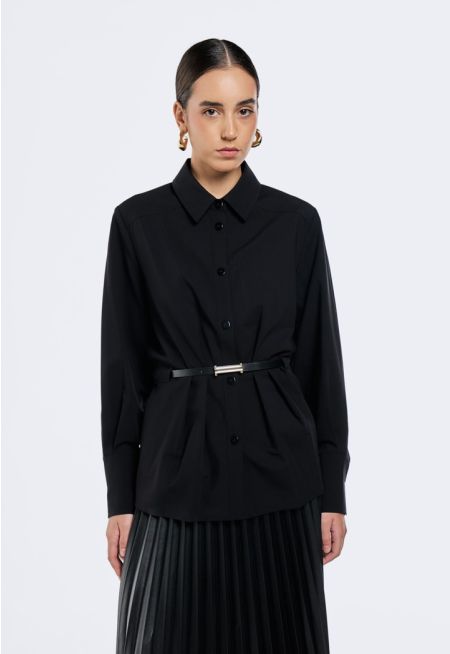 Pleated-Detail Belted Shirt