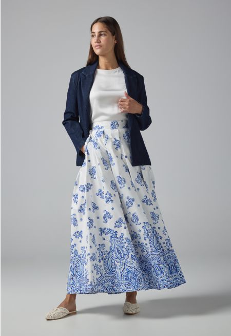 Pleated Flared Printed Maxi Skirt