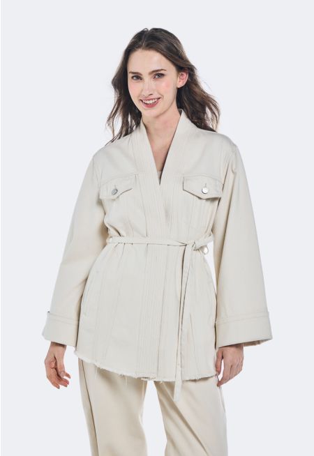 Belted Frayed Denim Kimono