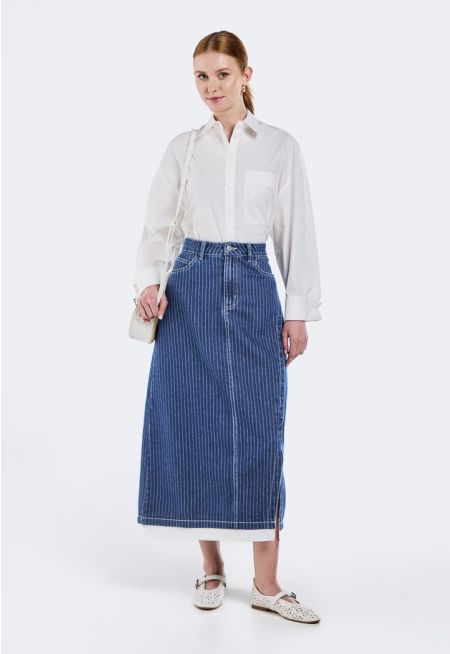 Front Slit Striped Denim Skirt