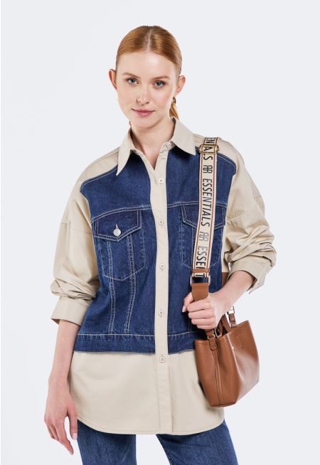 Drop Shoulder Shirt With Denim Details