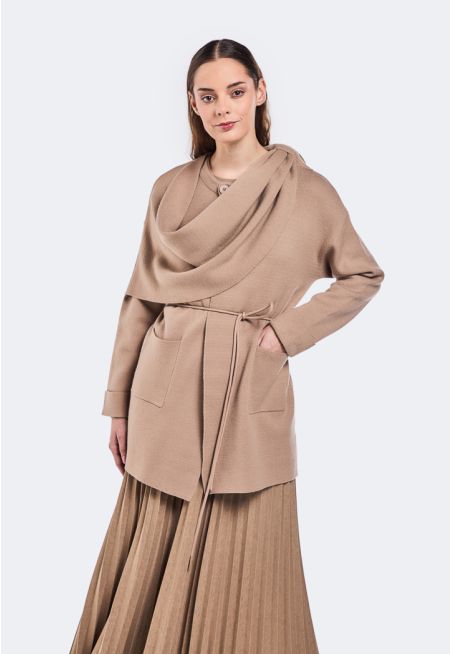 Knitted Cardigan With Drape Scarf