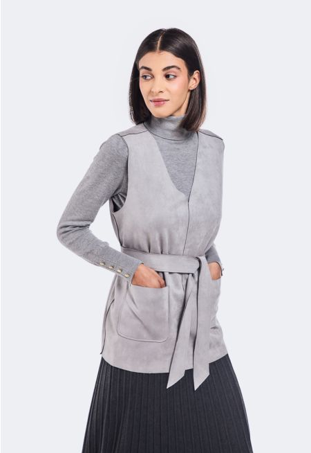 V-Neck Belted Velvet Vest