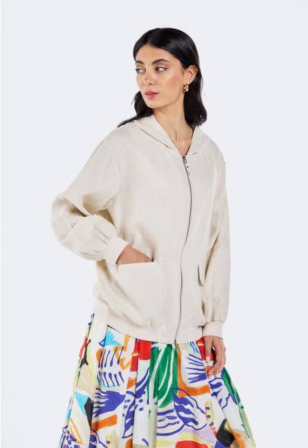 Zip-Up Solid Linen Jacket