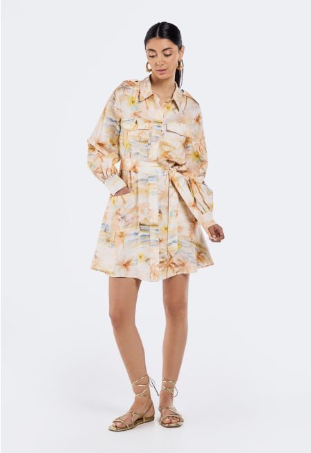 Tropical Print Belted Dress
