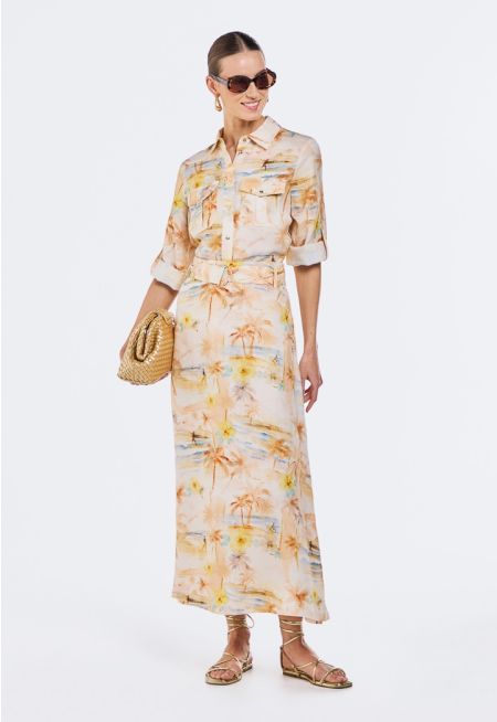 Tropical Print Belted Skirt