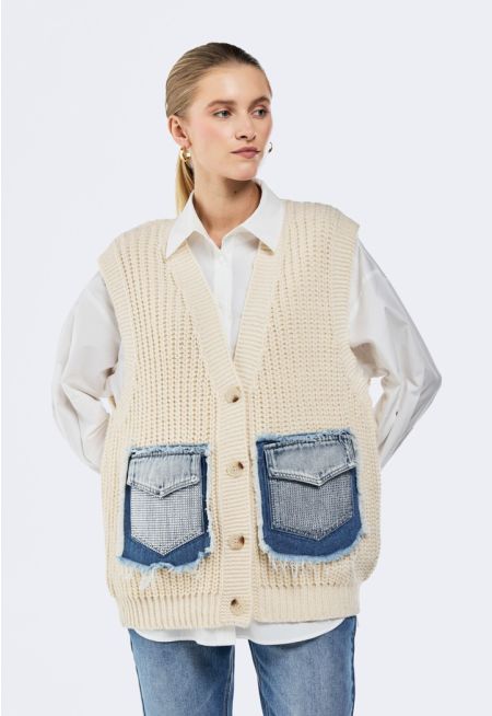 Woven Vest With Denim Pockets
