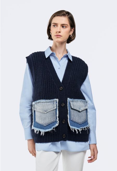 Woven Vest With Denim Pockets