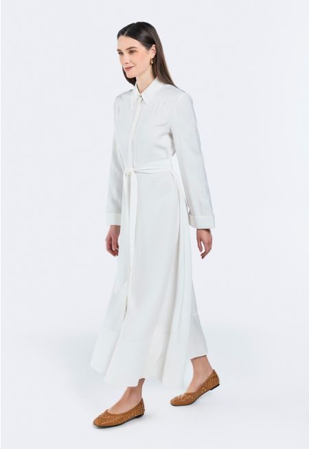 Chain-Embroidered Belted Dress