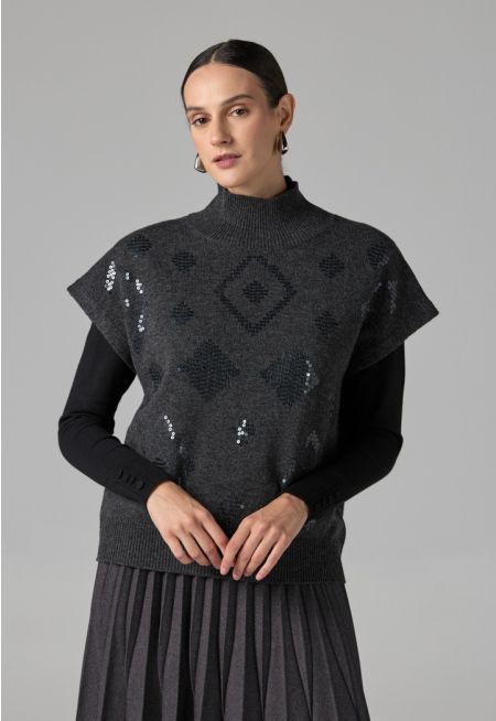 Solid Sleeveless Sequins Knitted Top