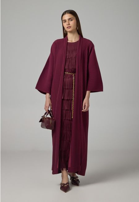 Solid Pleated Belted Maxi Abaya