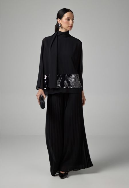 Solid Elastic Waistband Pleated Trousers