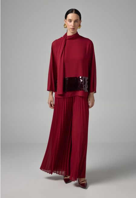 Solid Elastic Waistband Pleated Trousers