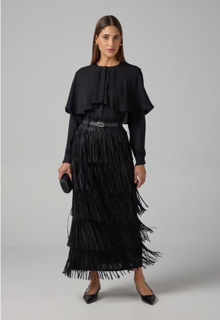 Solid Pleated Fringe Maxi Skirt