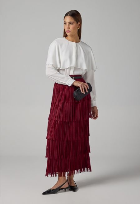Solid Pleated Fringe Maxi Skirt