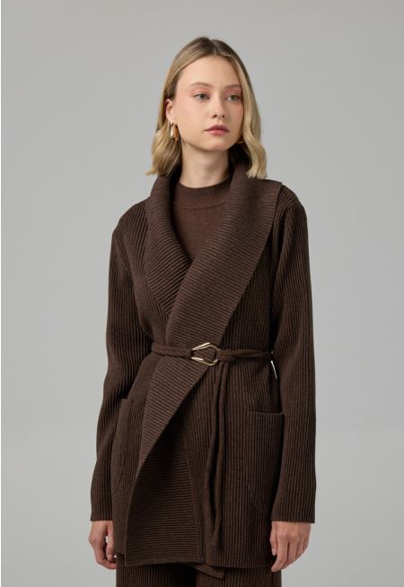 Solid Ribbed Knitted Cardigan