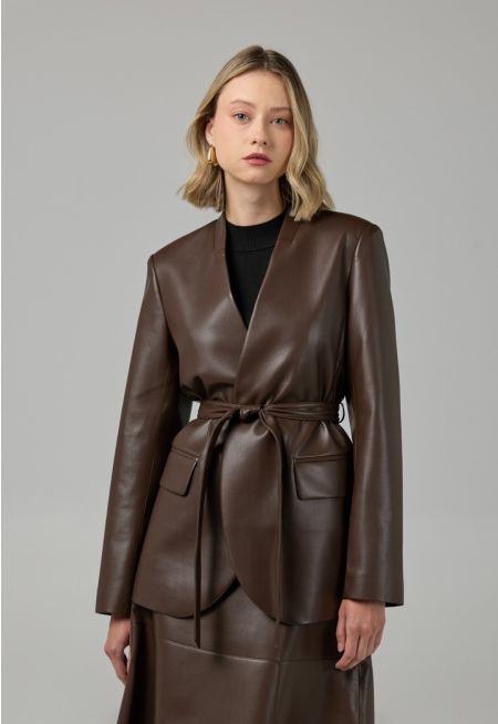 V-Neck Solid PU Leather Jacket