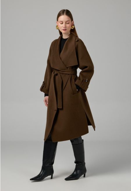 Solid Long Sleeve Belted Midi Coat
