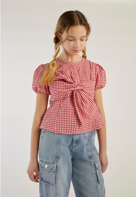 Short Sleeves Check Blouse