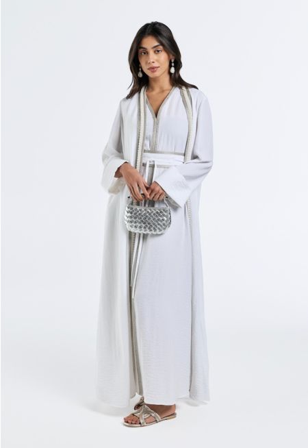 Pearl-Embellished Crinkled Abaya- Ramadan Style