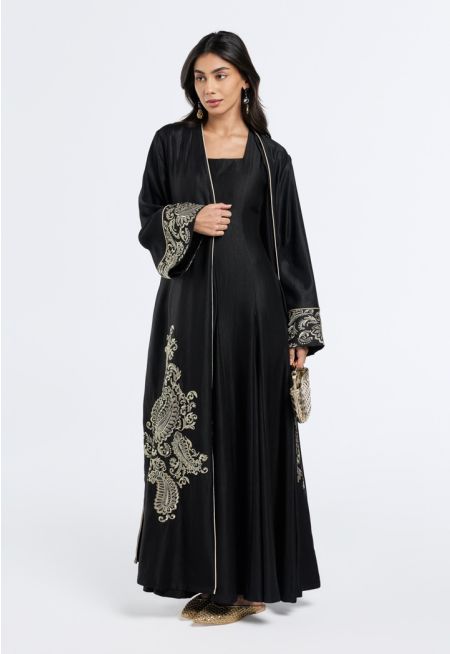Metallic Paisley-Embroidered Abaya- Ramadan Style