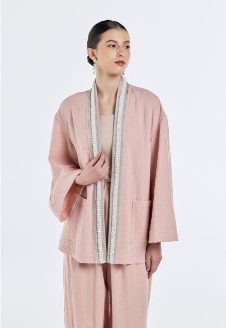 Pearl-Embellished Crinkled Kimono- Ramadan Style