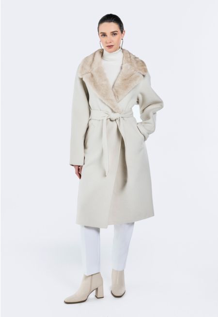 Faux Fur Lapel Wool Coat