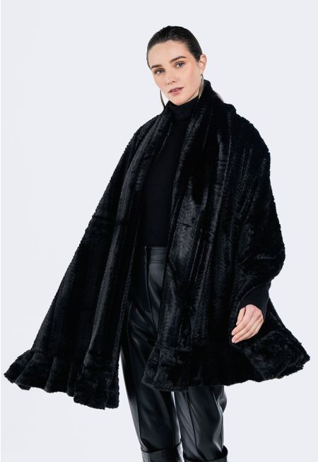 Ruffled Hems Faux Fur Shawl
