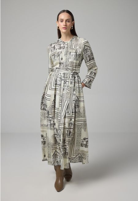 Front Flap Pockets Printed Dress