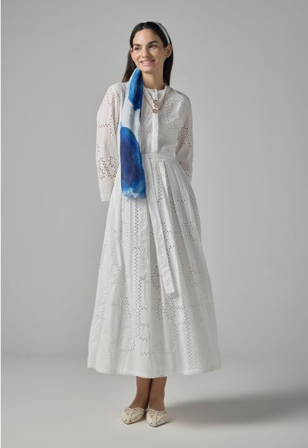 Single Tone Schiffli Pleated Belted Dress