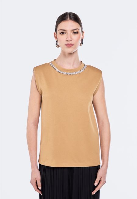 Crystal Embellished Top With Shoulder Pad