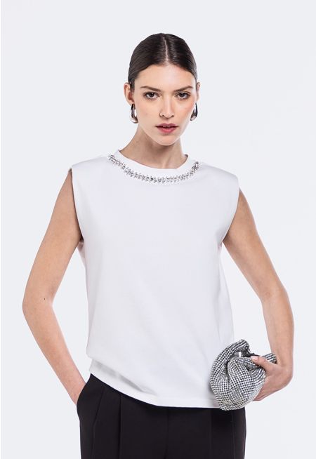 Crystal Embellished Top With Shoulder Pad