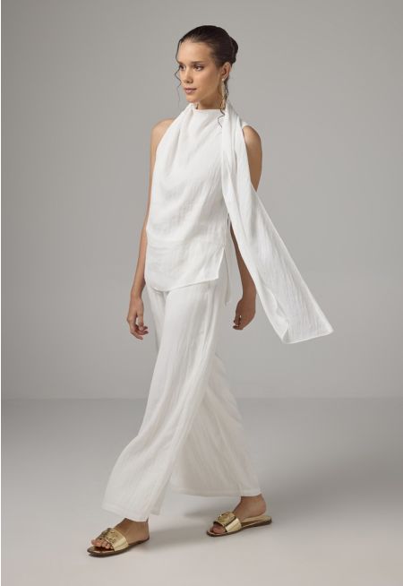 Crinkled Elastic Waist Wide Leg Trousers