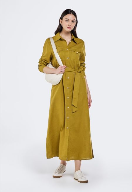 Solid Belted Shirt Dress