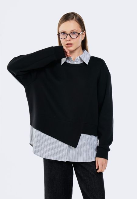 Knitted Sweater With Striped Shirt Detail