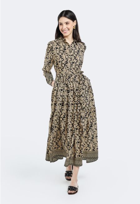 Leaf Print Belted Tiered Dress