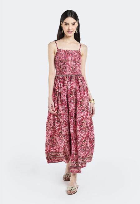 Smocked Paisley Print Dress