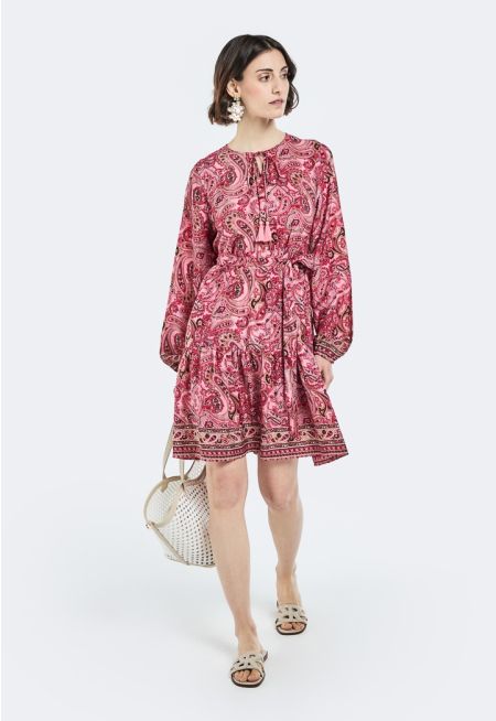 Paisley Print Belted Midi Dress