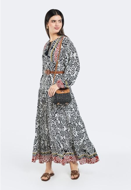 Printed Tiered Belted Dress