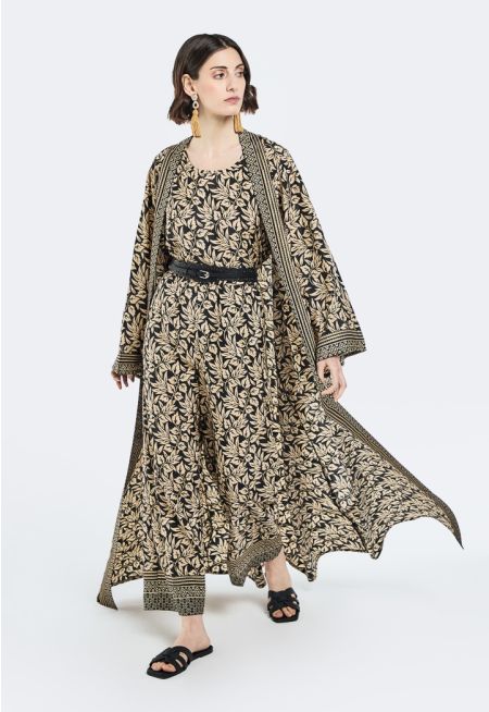Leaf Print Belted Abaya