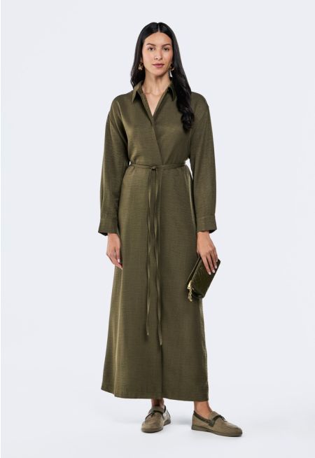 Crinkled Tie-Wasit Wrap Dress
