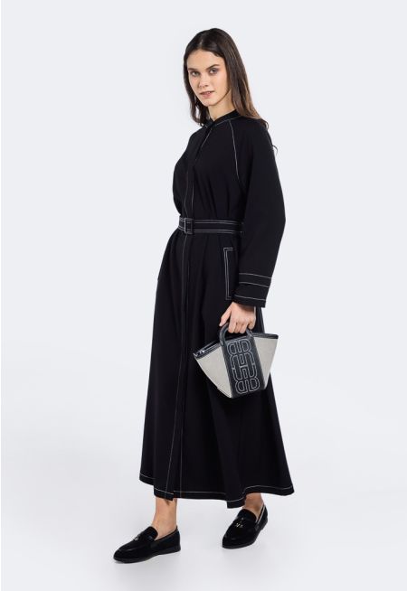 Contrast Stitch Belted Shirt Dress
