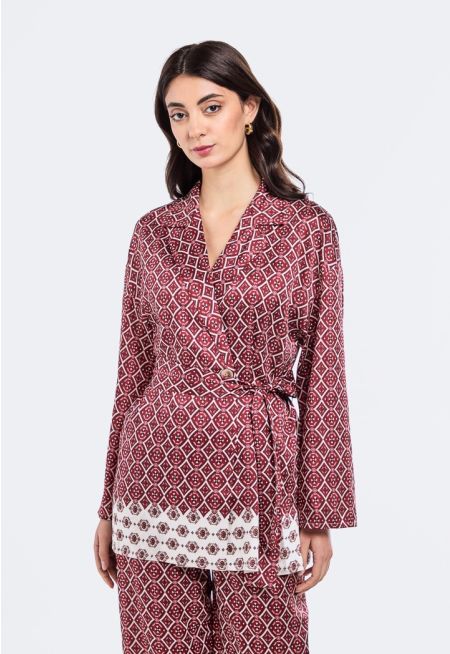 Geometric Print Notched Collar Kimono