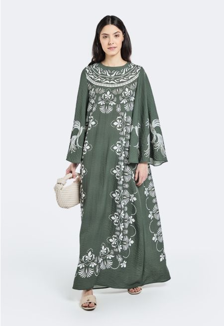 Printed Crinkled Flared Sleeve Dress