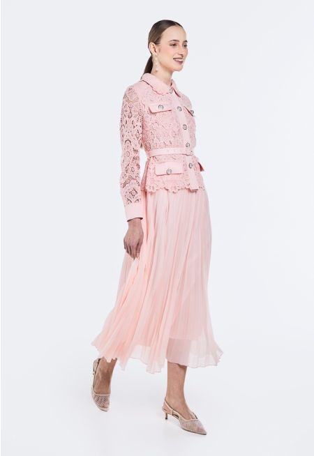 Lace Pleated Belted Dress