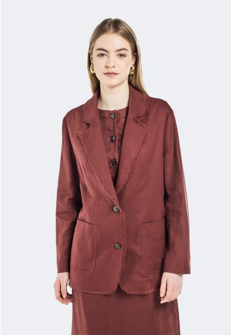 Notched Color Frayed Hem Blazer